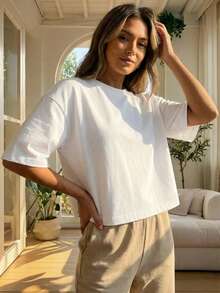 Blusa de mujer de corte holgado, cuello redondo, manga corta, casual, adecuada para primavera y verano, con estilo minimalista, elegante y sexy Y2K, apta para uso diario, oficina, hogar y exteriores - Blanco - Ver 6
