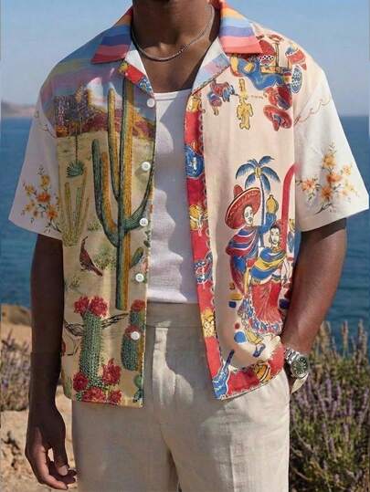 Áo sơ mi nam in họa tiết du lịch sa mạc cổ điển, áo tay ngắn kiểu miền Tây retro, chất liệu vải lanh thoáng khí, trang phục đi nghỉ mát, áo sơ mi phong cách bohemian thường ngày.