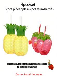 4个/1个 - 500毫升/16.91盎司菠萝草莓造型饮料杯，夏威夷吸管杯，卡通水果吸管杯，派对吸管杯，草莓菠萝造型杯带吸管和草莓吊坠，派对饮料果汁杯 - 彩色 - 查看 14