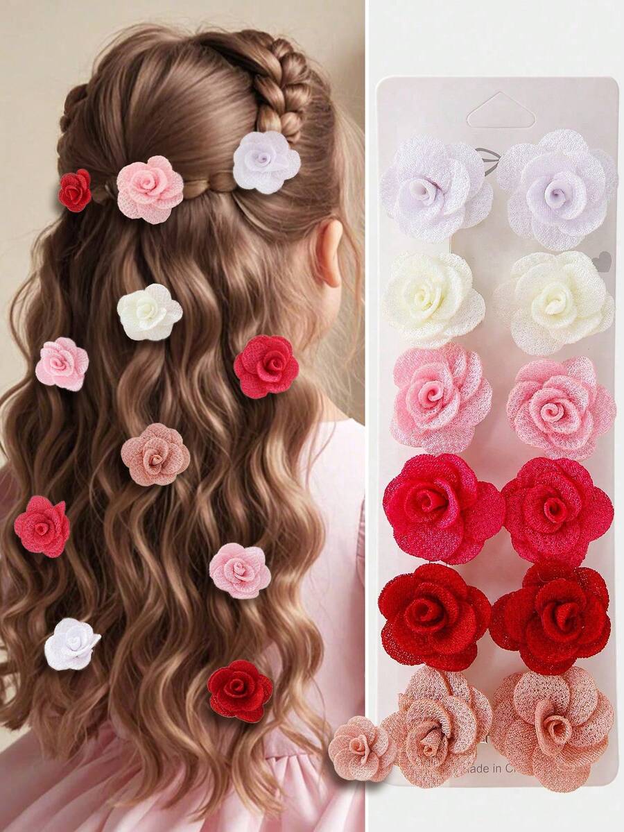 10pcs/Set Girls Faux Flower Rose Hair Clips, Versatile Side Bangs Clips, Non-Damaging Hairpins, Suitable For Daily Use - Multicolor - View 1