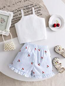 Girls' Cherry Print Camisole And Ruffle Shorts Set, Sweet And Cute Summer Outfit - White - View 2