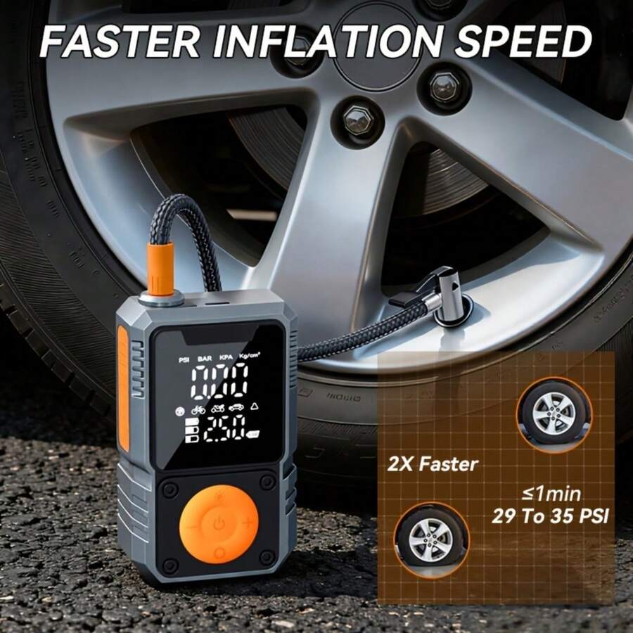 SUITU 可充电便携式车载空气压缩机，带数字压力表的电动充气泵。7.4V 1800mAh 锂电池，耐用 ABS 材质，迷你车载气泵。适用于汽车/摩托车/自行车/运动球类，汽车配件/必备汽车礼品。 - 无线 - 查看 1