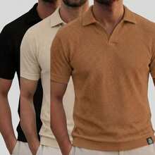 Kit Of 3 Textured Italian Polo Shirts Without Buttons, Slim Sleeves. - Đen, be và caramel - Xem 9