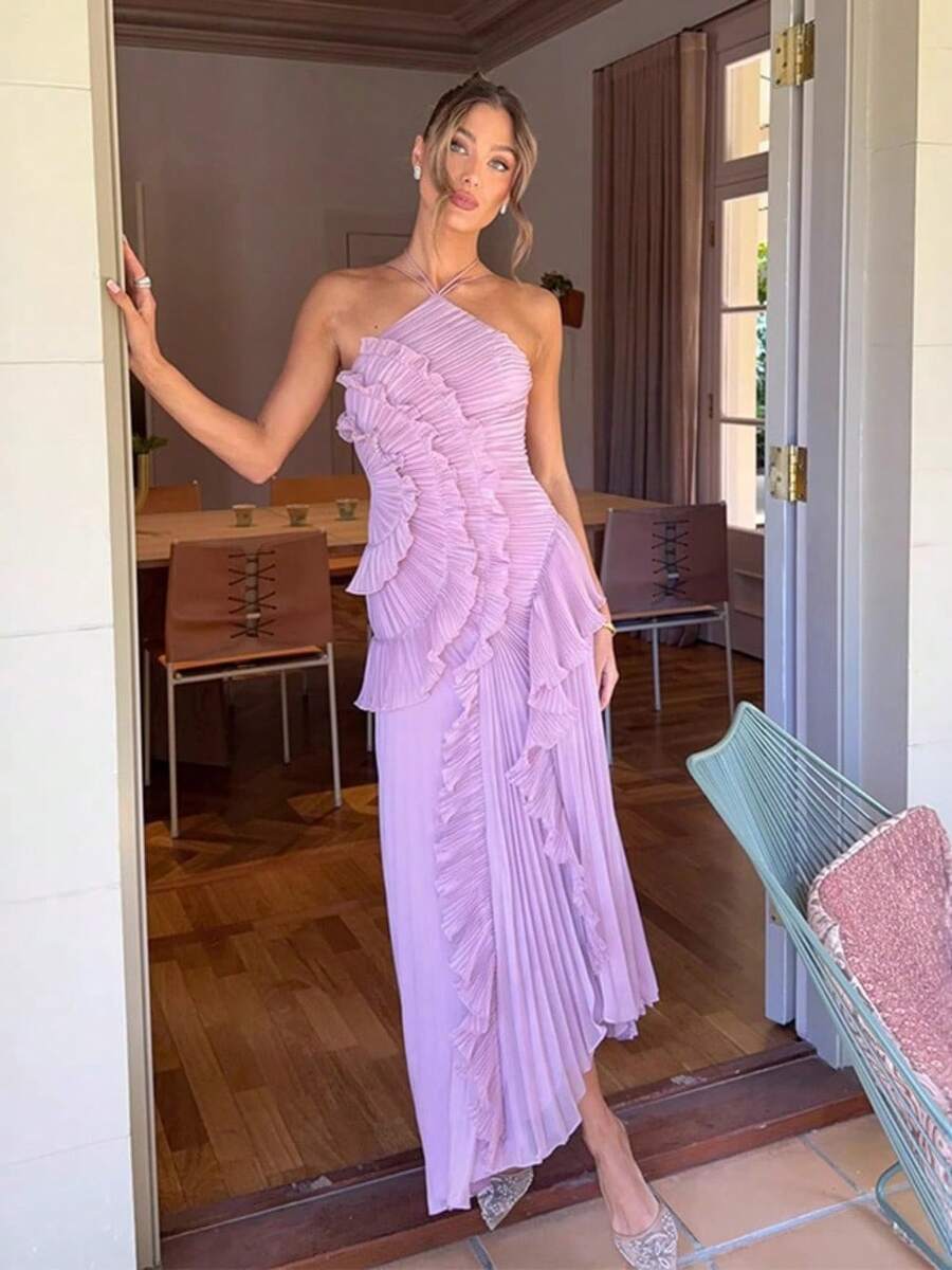 Ladies Elegant, Fashionable, Slim Fit, Ladies' Style, Party, Vacation, Daily Temperament, Socialite, Ruffled Edge, Pleated Neck Hanging, Suspender Dress, Long Skirt, Women - 紫色 - 查看 1