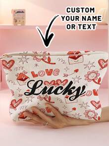 1pc Customized Name Cartoon Valentine's Day Heart & Flower Pattern Corduroy Toiletry Storage Bag, Perfect For Organizing Toiletries On The Go, Customizable Based On Your Unique Design, Suitable For Children, Print Your Own Name Or Your Sister's And Classmate's Name As A Gift - Multicolor - View 14