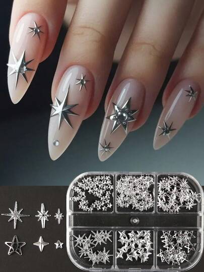 6 rejillas de remaches de estrellas metálicas plateadas, dijes de arte de uñas con estrellas Y2K, joyería de uñas de lujo con múltiples estilos, accesorios de manicura para uñas