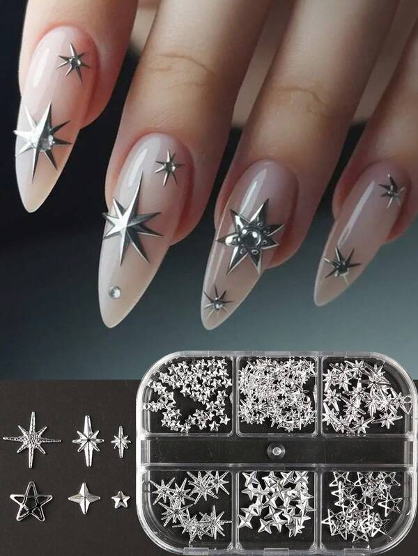 6 rejillas de remaches de estrellas metálicas plateadas, dijes de arte de uñas con estrellas Y2K, joyería de uñas de lujo con múltiples estilos, accesorios de manicura para uñas