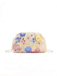 1pc Colorful PVC Sequin Flower Pattern Linen Base Mesh Embroidery Ruffle Cloud Clutch Bag, Shiny Sparkly Evening Bag For Casual, Holiday, Party Use (Flower Sequin Pattern Randomly Sent) - Multicolor - View 6