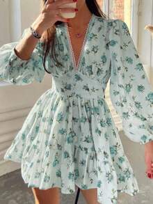 Dresses For Women,Sweet Floral Print V-Neck Lace Mini Dress - màu xanh lá - Xem 1