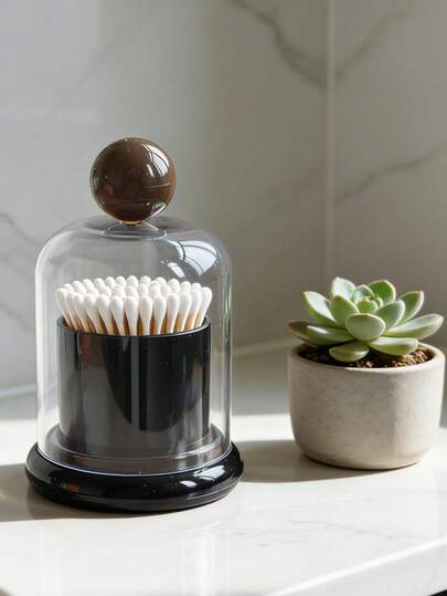 1 Set Minimalist Transparent Acrylic Toothpick & Cotton Swab Storage Box | Dust-Proof Container With Wooden Knob Lid | Modern Vanity Organizer For Bathroom Decor