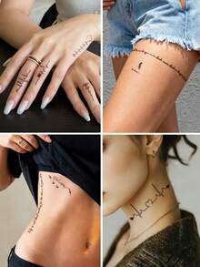 Small Floral Arm Fine Line Temporary Tattoos, Minimalist Heart-Stirring Line Art, Heartbeat, Music Notes, Words, Suitable For Wrist, Ankle, Shoulder, Neck, Collarbone, Waterproof, Realistic Tattoo Stickers For Music Festivals, Celebrations, Valentine's Day, Party Gifts - Black - View 2