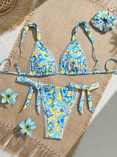 蓝黄碎花系带泳衣，配同款发圈，甜美女孩夏季沙滩比基尼套装