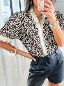 豹纹条纹荷叶边V领短袖上衣 - 黑色 - 查看 3