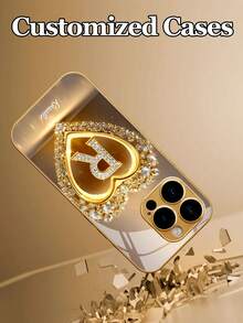 1pc Customizable 26 Letters & Name Design With Gold Rhinestone Heart Pattern Electroplated Tempered Glass Phone Case, Compatible With Iphone 17 Pro Max/17 Air/16/15/13/12/11/XS Max/6 7 8 Plus, High-End Business Custom, Built-In Lens Protector, Holiday Gift, Birthday Gift, Couples, Pets, Friends, Classmates, Siblings, Family, Fashionable High-Definition Protective Cover - Gold - View 6