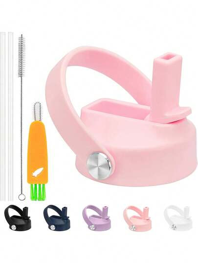 Tapas con pajita de boca ancha aptas para botellas de boca ancha de 12/16/18/20/32/40 onzas, tapa de bebida a prueba de fugas con asa superior suave, color rosa