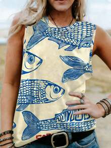 波西米亚海滩风女士热带鱼印花休闲圆领无袖上衣，适合春夏穿着 - 杏色 - 查看 4