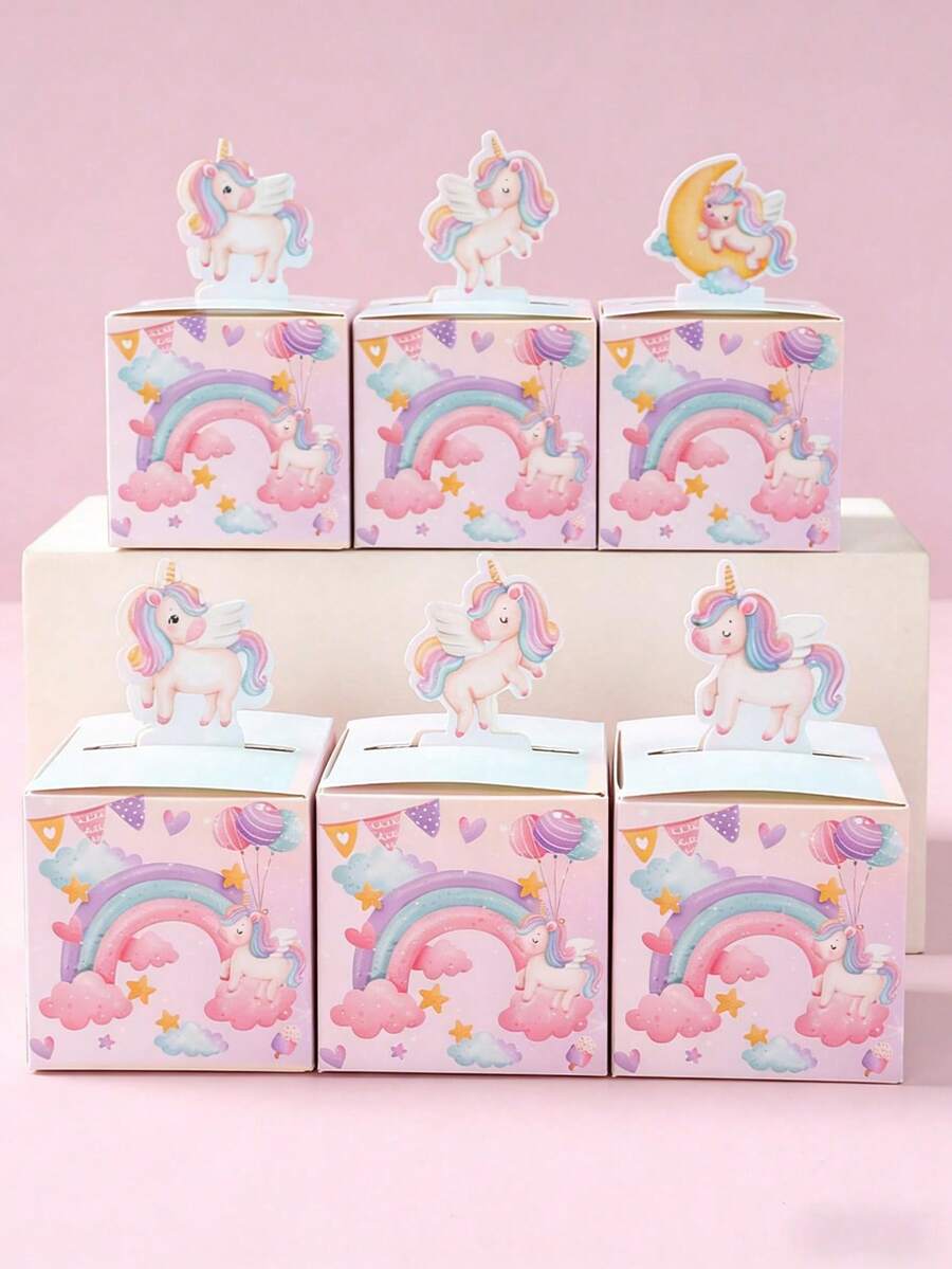 24个粉色独角兽纸质礼品盒，独角兽主题派对糖果包装盒，卡通独角兽彩虹图案，独角兽生日派对回礼袋，独角兽派对装饰，餐桌装饰，婚礼回礼，婴儿派对，性别揭晓派对，独角兽派对用品，独角兽礼品袋