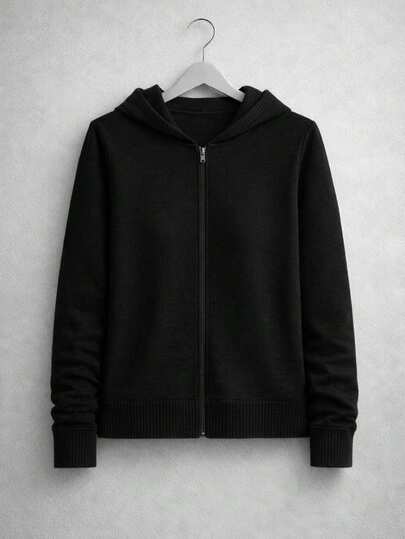 Blusa de Frio Preto Feminina Tricot com Capuz Zíper Moletom Inverno Casaco Feminino de Tricô Modal