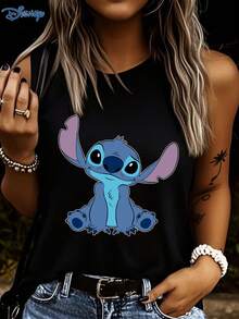 Disney Stitch Graphic Print Women's Tank Top, Fashion Casual Round Neck Stretchy Camisole, Easy Care Fabric, Suitable For Daily Wear - Black - View 3