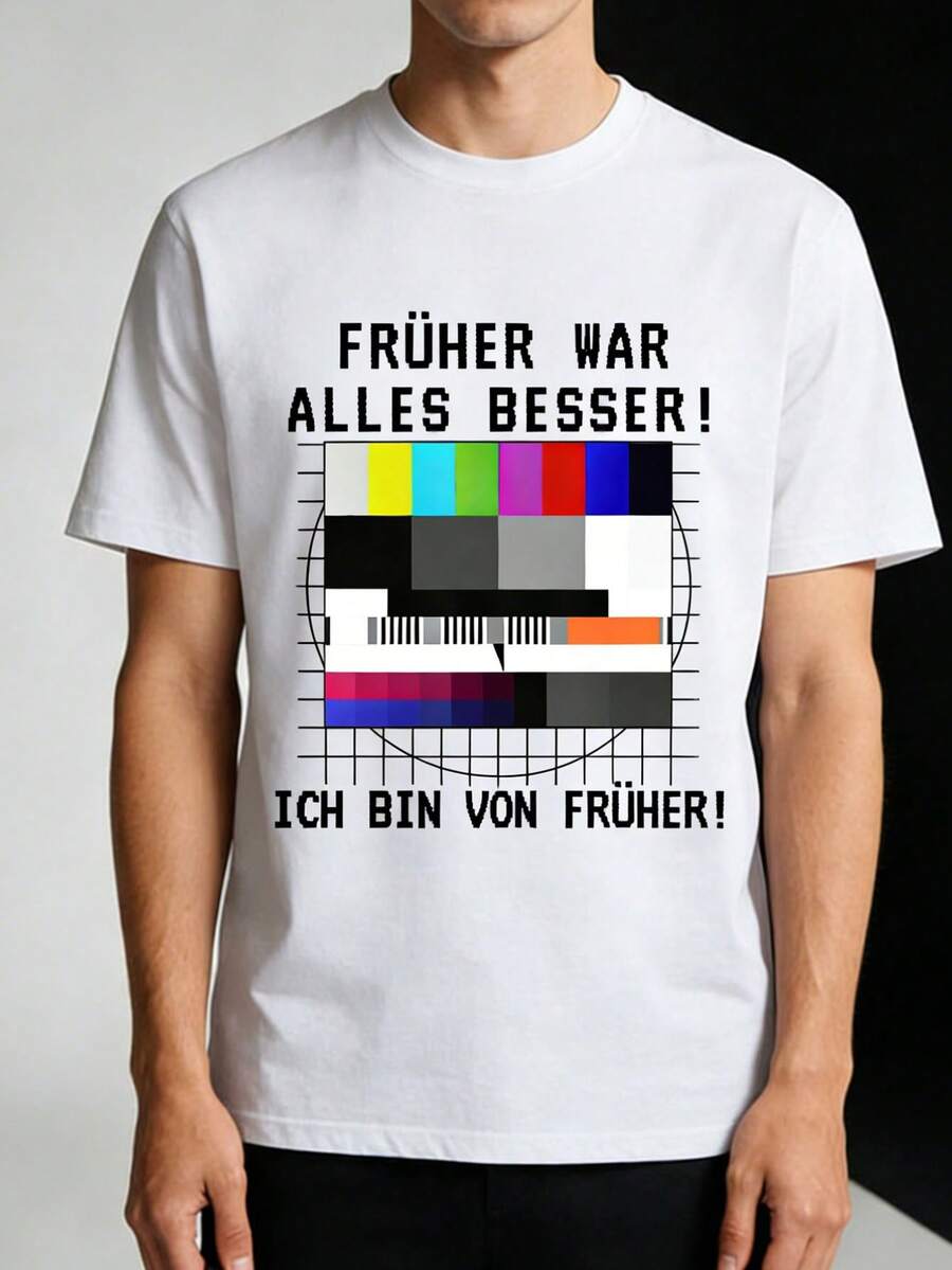Retro-Herren-T-Shirt mit TV-Testbildmuster aus den 90er Jahren, ein lustiges Geschenk. - Weiss - Übersicht 1