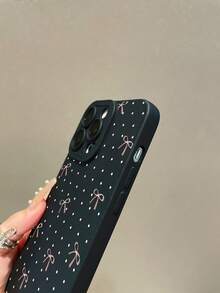 1pc Minimalist White Polka Dot & Pink Bow Pattern Painted Pupil Black Matte Texture TPU Material Pupil Anti-Drop Phone Case, Suitable As Gift For Boyfriend/Girlfriend, Compatible With Apple, And Other Android Models - Multicolor - View 6