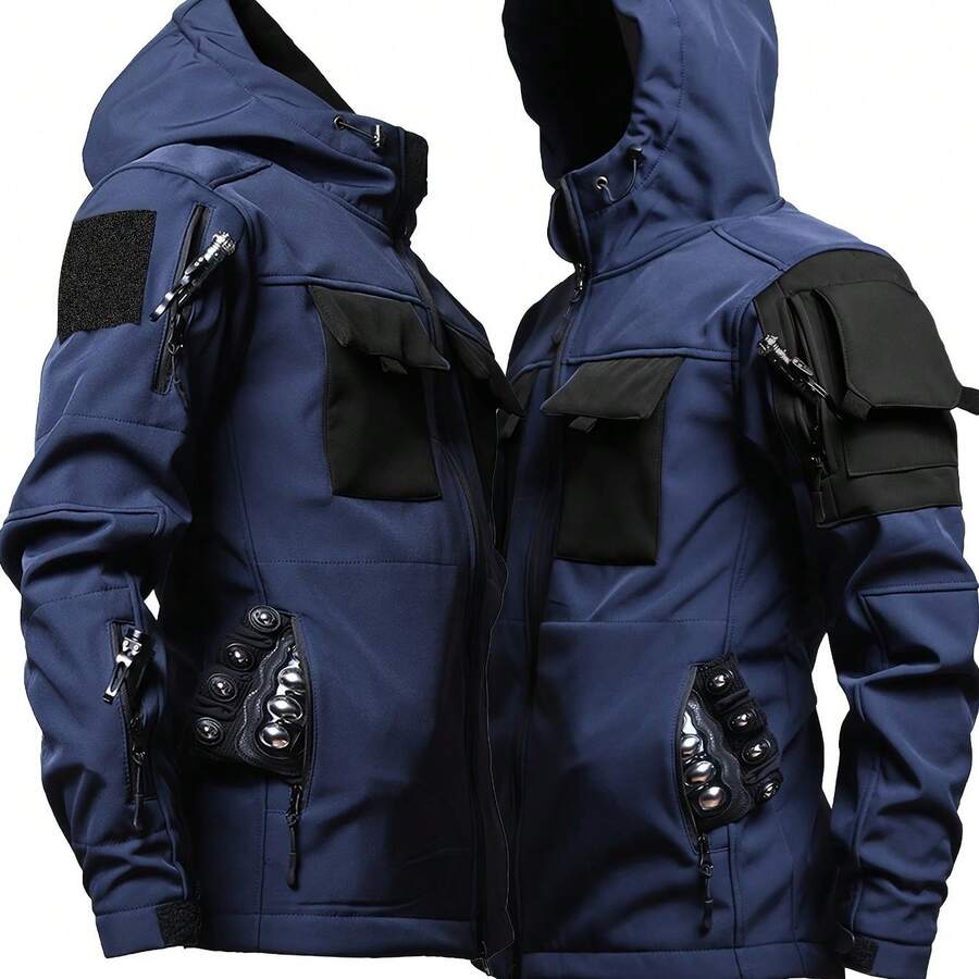 Men'S Outdoor Soft Shell Jacket, Military-Style, Scratch-Resistant, Fleece-Lined, Thickened, Warm Hooded Windbreaker, Three-In-One Sports Climbing Outfit - 藏蓝色 - 查看 1