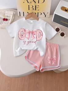 女童可爱蝴蝶结印花短袖T恤+短裤两件套，柔软面料，夏季休闲少女装 - 白色 - 查看 1