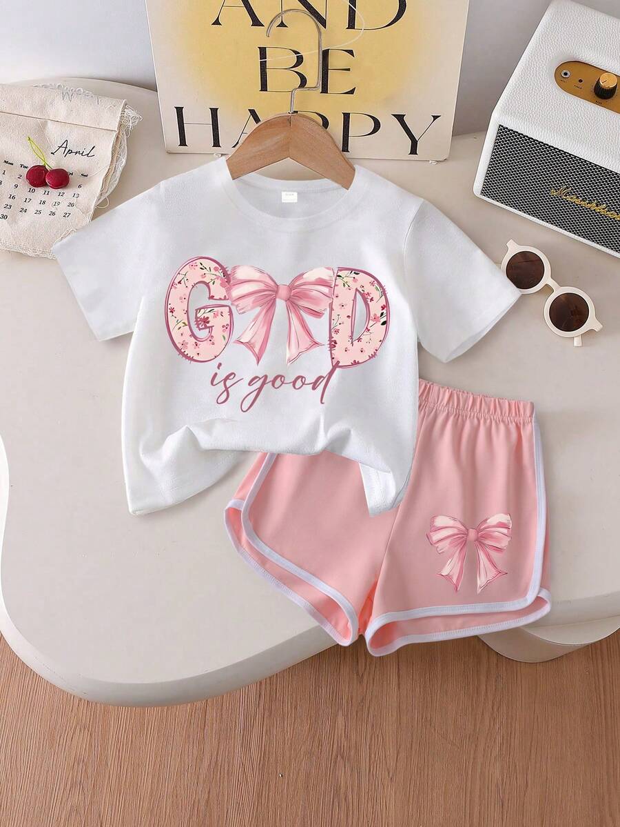 女童可爱蝴蝶结印花短袖T恤+短裤两件套,柔软面料,夏季休闲少女装 - 白色 - 查看 1