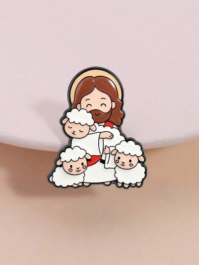 1 Piece Cute Christian Faith Healing Pin Chibi Jesus Good Shepherd Holding Lamb Theme Pastel Color Pin For Young Believers And Healing Style Lovers Faith Expression And Daily Decoration Scene