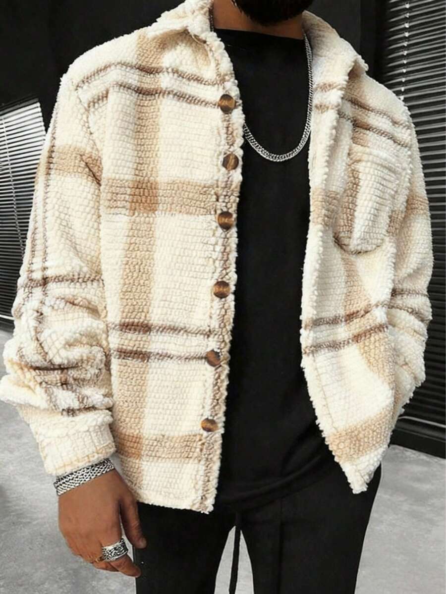 Camisa de cuadros esponjosa, camisa de punto informal, ropa de estar en casa, conjuntos de pareja, otoño/invierno - Multicolor - Ver 1