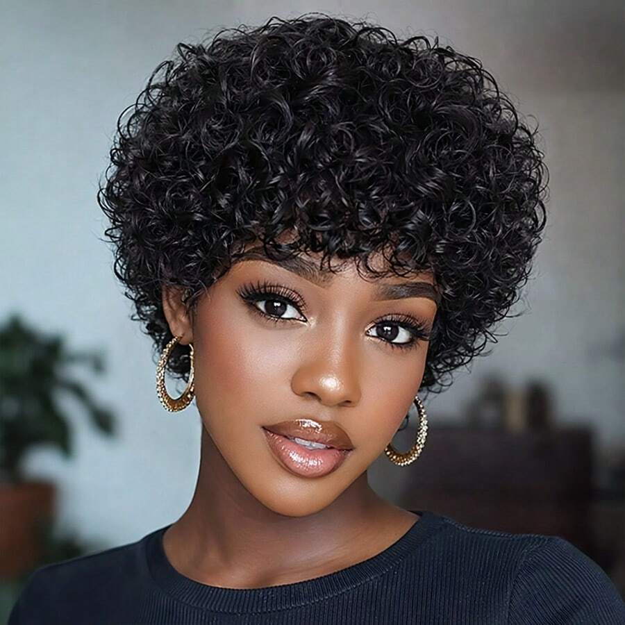 Afro Kinky Curly Bob Wig With Bangs Brazilian Human Hair Wig For Women Short Water Curly Pixie Cut Remy Human Hair Wig Full Machine Made 4" 200% Density For Daily Wear & Cosplay & Parties & Music Festival & Valentine's Day
