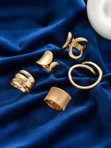 Set de 5 inele vintage, elegante și la modă, linii geometrice groase din metal solid, stil boem exagerat, finisaj neted, set de inele stivuibile din mai multe piese, potrivit pentru zi cu zi, petrecere, nuntă, cadou pentru femei - Aur Galben - Vizualizare 3