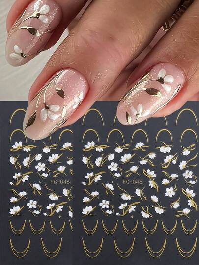 Witte elegante nagelstickers met bloemen en onregelmatige gouden lijnen, geschikt voor nagelstylisten en doe-het-zelf nagelliefhebbers, lente- en zomernageldecoratie, geavanceerde nieuwe stickers 2026