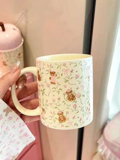 1pc Cartoon Bear Bow Floral Ceramic Mug, Straight-Sided Coffee Cup, Household Afternoon Tea Water Cup, Cream Style Cute Breakfast Milk Cup, Juice Beverage Cup, Souvenir Gift, Birthday Gift For Girlfriends, Classmates, Friends