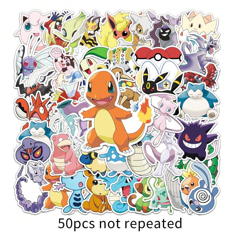 50PCs Waterproof Vinyl Pokemon Pikachu Stickers - Cute Cartoon Patterns, Suitable For Notebooks, Water Bottles, Skateboard, Helmet, Scrapbooks, Etc. - Single Piece - View 1