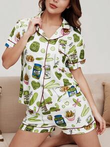 2pcs Women Vegetarian Print Short Sleeve Shorts Pajama Set, Comfortable Polo Collar Pink Patchwork Knit Top With Front Button Pockets, Elastic Waist Pants, Suitable For All Seasons Casual Loungewear - 白色 - 查看 12