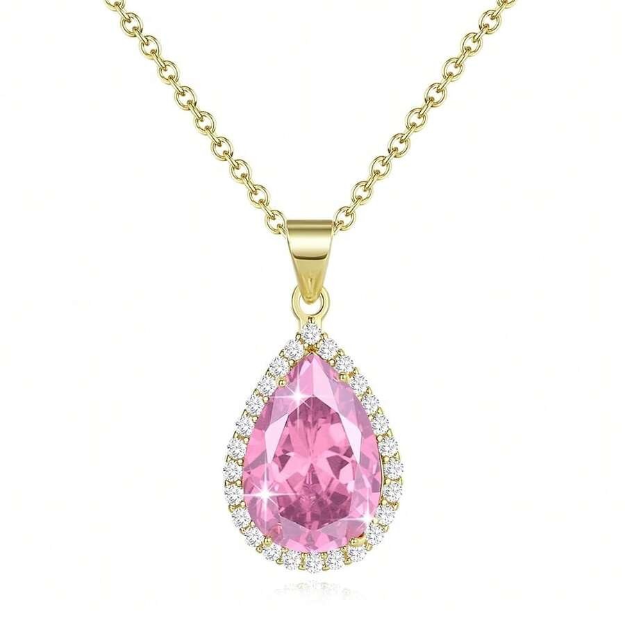 Diamond Teardrop Pendant Necklaces For Women Crystals Birthstone Costume Jewelry Gifts For Women,Gold Plated 17.92 + 1.97 Inch Chain - 粉色 - 查看 1