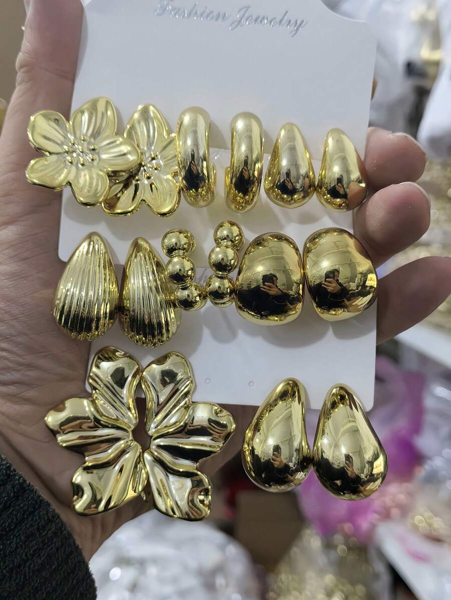 2/4/6/16pcs Fashionable New ABS Resin UV Plated Gold CCB Exaggerated C-Shape Water Drop Personalized Earring Set, Suitable For Daily Wear [Earring Material: ABS Plastic] - Gold - View 1