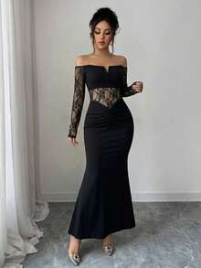 Elegant Women's Long Off The Shoulder Bodycon Maxi Dress Black Knitted Fabric Lace Ruched Party Style - Black - View 3