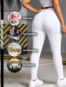 Women's Skinny Jeans, Fitted Style, High Waist, Butt-Lifting, Slim Fit, Casual And Sophisticated Look, Dark Blue - 深色水洗藍 - 查看 4