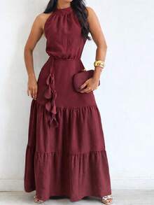 Milla Dress – Elegant Long Dress In Sensual Fabric | Knot Detail, Ruffled Hem, With Belt (Waist Tie) Ideal For Weddings And Special Occasions - 紅木色 - 查看 1