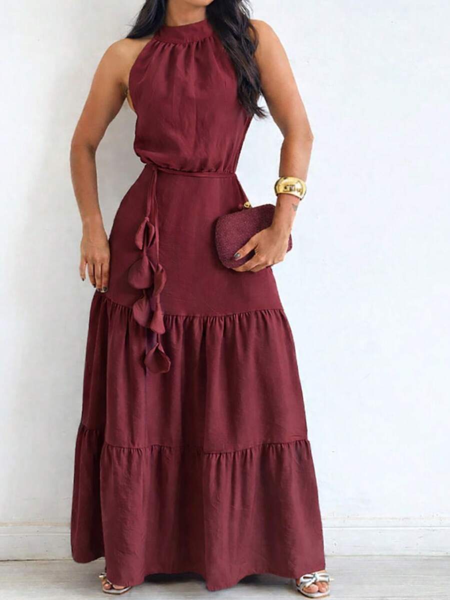 Milla Dress – Elegant Long Dress In Sensual Fabric | Knot Detail, Ruffled Hem, With Belt (Waist Tie) Ideal For Weddings And Special Occasions - 紅木色 - 查看 1