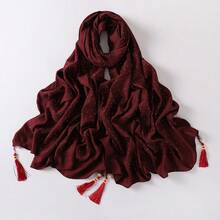 200厘米*85厘米加大码奢华水钻装饰端庄褶皱格纹流苏珍珠吊坠透气纯色穆斯林头巾 - 彩色 - 查看 10