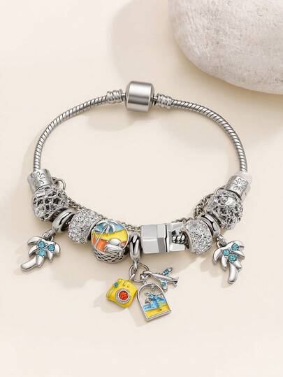 活力时尚魅力手链 - 多色镂空星星和心形装饰，可调节DIY蛇形链，搭配U形飞机吊坠和地球珠子，适合日常、度假和波西米亚风穿搭 - 旅行、冒险和时尚爱好者的完美配饰