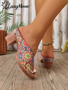 Sandalias de tacón grueso bohemias y coloridas de LangMoon 2026 para mujeres, con parte superior estampada + tacón grueso y estable, suela cómoda antideslizante y duradera, diseño llamativo y personalizado, adecuadas para vacaciones, citas y fiestas en primavera y verano - Flor redonda - Ver 8