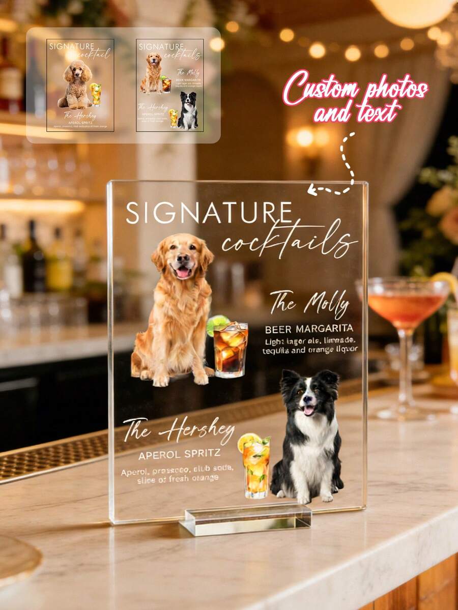 Personalized Custom Signature Cocktail Display Stand Featuring Adorable Dogs​ – Clear Acrylic Tabletop Stand (Approx. 20x15cm) Showcasing 3+ Dog Photos Paired With Signature Cocktails - Multicolor - View 1