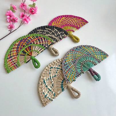 11.8 Inch Width X 8.66 Inch Length Small Semicircular Handwoven Seagrass Hand Fan, Home Decor Wall Hanging Fan For Cooling, Suitable For Elderly And Children, Summer Use, Lobby And Club Decoration