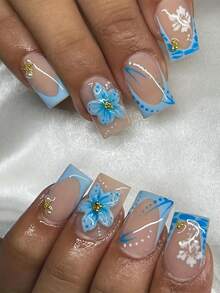 24pcs Blue Square Short Fake Nails, Floral Pattern With Gold Beads, Suitable For Daily Life, Dates And Parties, Acrylic Nail Stickers, Short Nails, Acrylic Nail Kit, Nail Art, Press-On Nails - Multicolor - View 8