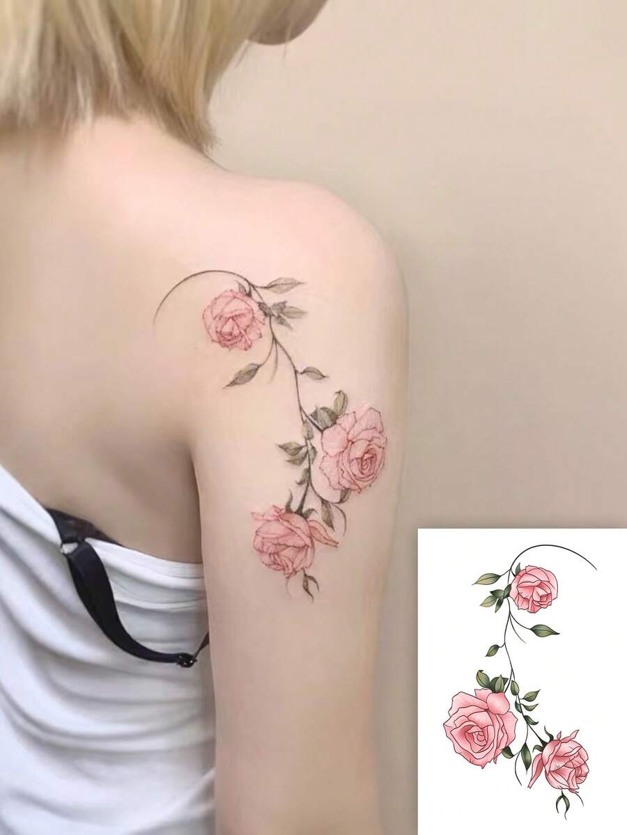 1张时尚Y2K防水粉色玫瑰藤蔓临时纹身贴纸，可贴于肩部/手臂，防汗，持久，精致氛围仿纹身贴纸 - 彩色 - 查看 1