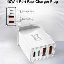 4-In-1 Multi-Port Adapter - 2 USB-C Ports, 2 USB-A Ports, 40W Fast Charging (UK Plug), Dual Port PD + QC Fast Charging Wall Charger, Compatible With IPhone 16/16 Pro/16 Pro Max/16 Plus/15/15 Pro/15Pro Max/Mini6/Air4/Pro - View 4